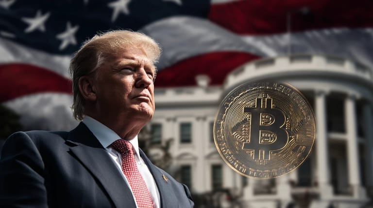 USA vlajka Donald Trump bitcoin btc Bílý dům Midjourney stablecoin