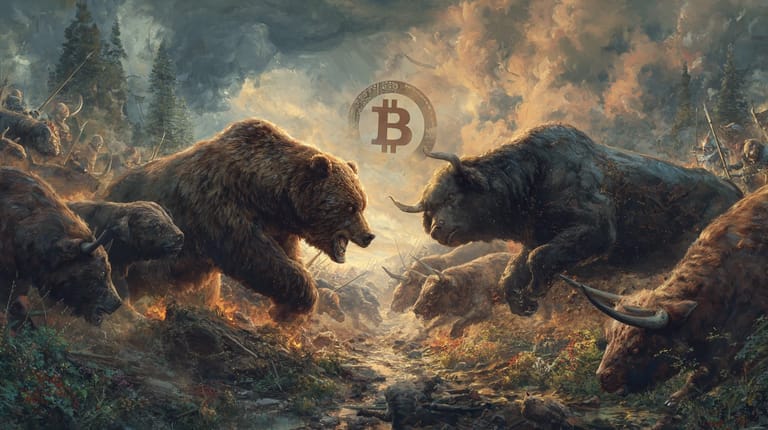 bitcoin btc opce medvědi býci boj Midjourney