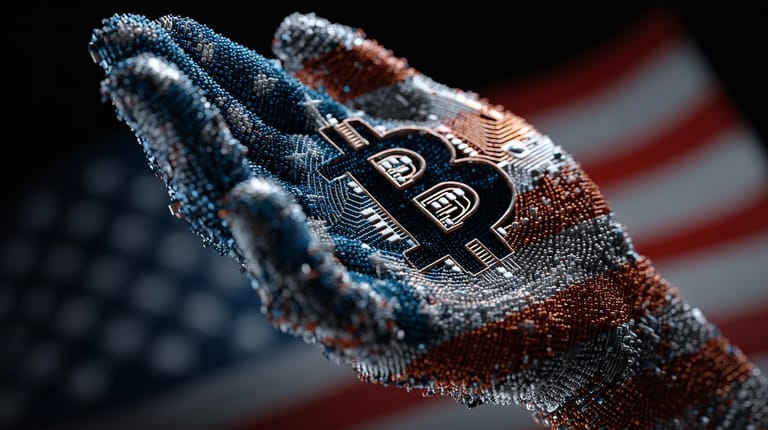 bitcoin BTC USA vlajka ruka prilezitost USD Midjourney náhledový obrázek