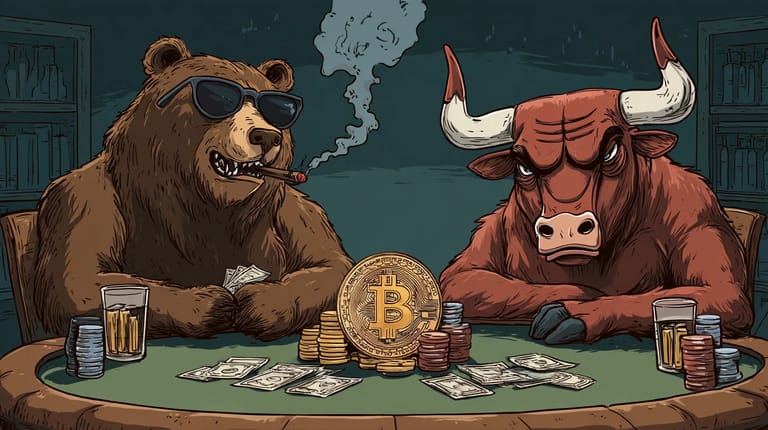 bitcoin btc byci medvedi bull bear opce options expiry Midjourney nahledovy obrazek
