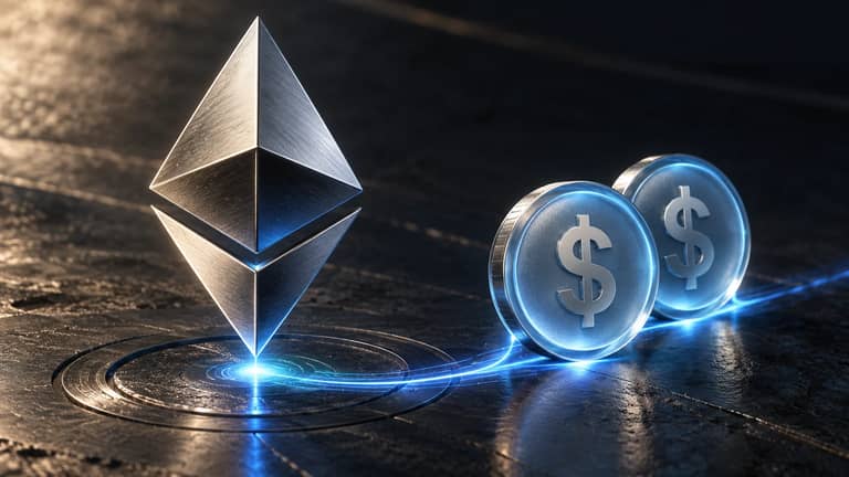 AI ilustrace stříbrného symbolu Etherea a dolarových stablecoinů na tmavém pozadí.