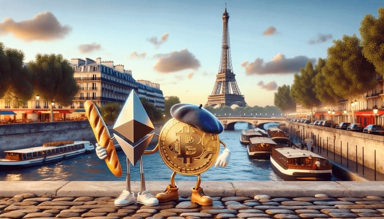 Bitcoin ve Francii před Eiffelovou věží kryptoměny