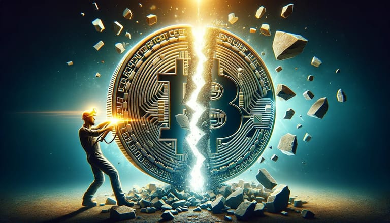 Těžař a bitcoin rozpadající se napůl