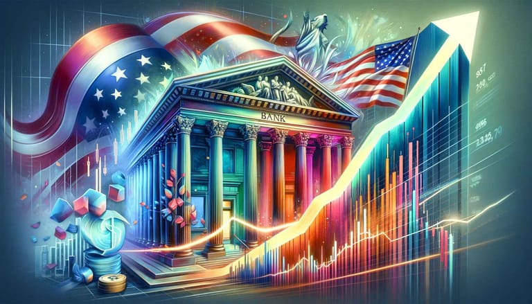banka, vlajka usa, index SP500, akcie, rostoucí cenový graf dalle