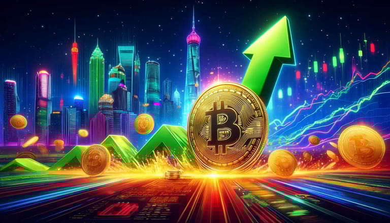 bitcoin, china skyline, stablecoin, rostoucí graf