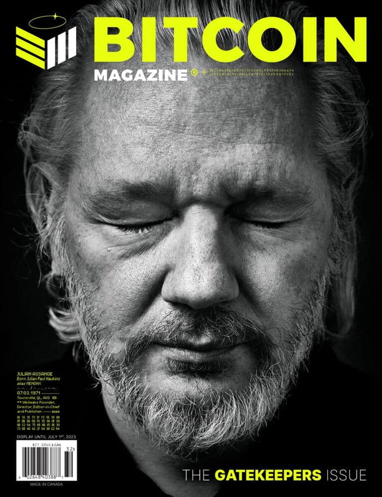 Julian Assange Bitcoin Magazine titulka Ordinals NFT