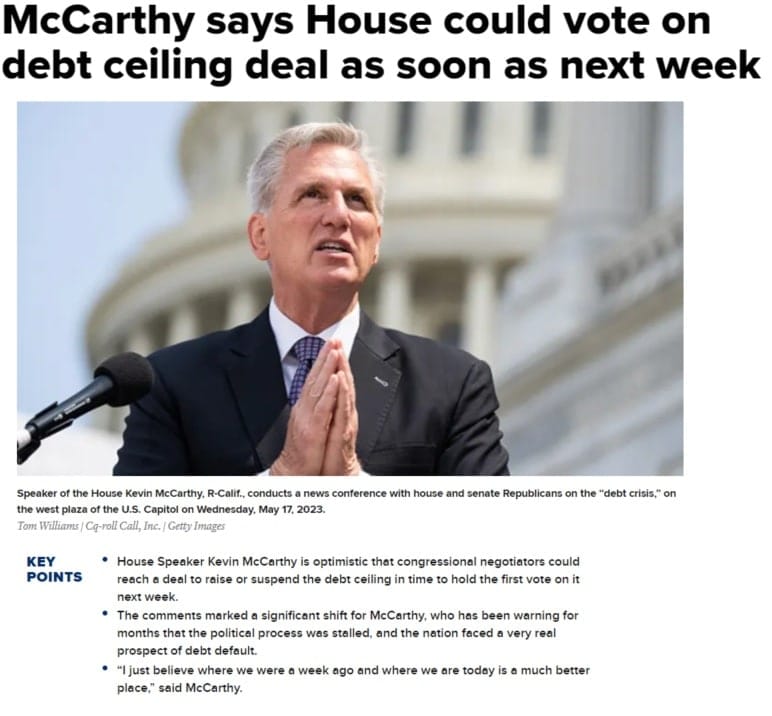 Projev senátora Kevina McCarthyho, zdroj: https://www.cnbc.com/2023/05/18/mccarthy-says-house-could-vote-on-debt-ceiling-deal-as-soon-as-next-week.html