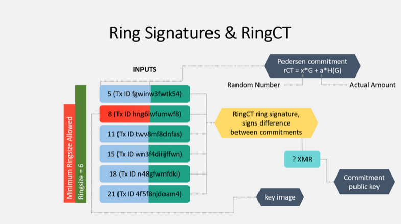 Pokud použiji Ring Signature, skrývám, který input bude použit. Všechny tyto inputy vypadají jako skutečný odesílatel, ale pouze jeden (můj červený) je skutečný. Mimo můj input je v ringu umístěno 5 dalších "decoy" inputů, které pocházejí z 5 dalších uzlů v síti, od nichž nepotřebuju žádné povolení k připojení do Ring Signature. Právě díky tomu, že jsou všechny inputy podepsány v ringu, nemůže žádný vnější pozorovatel určit, že můj input je ten červený :))