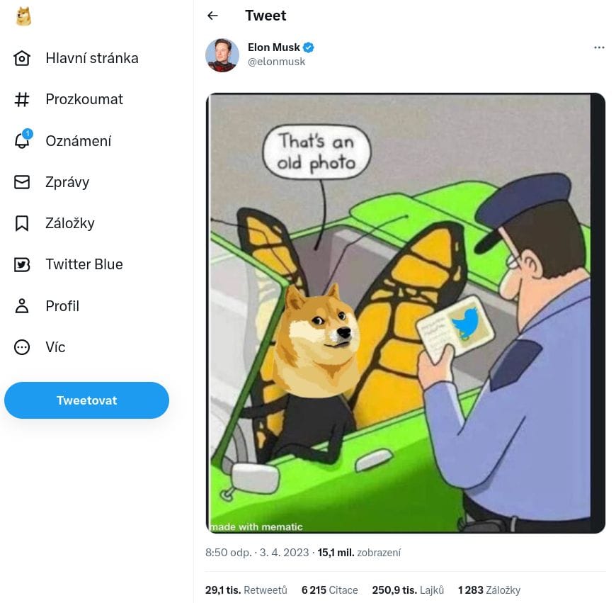 Screenshot tweetu Elona Muska včetně vyměněného loga vlevo nahoře. Tradičně tam bývá modrý ptáček (zdroj: Twitter).