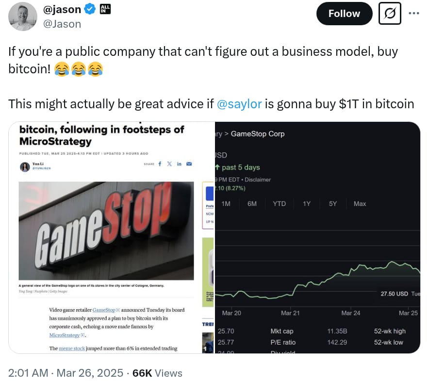 Příspěvek Jasona ohledně nákupu Bitcoinu firmou GameStop