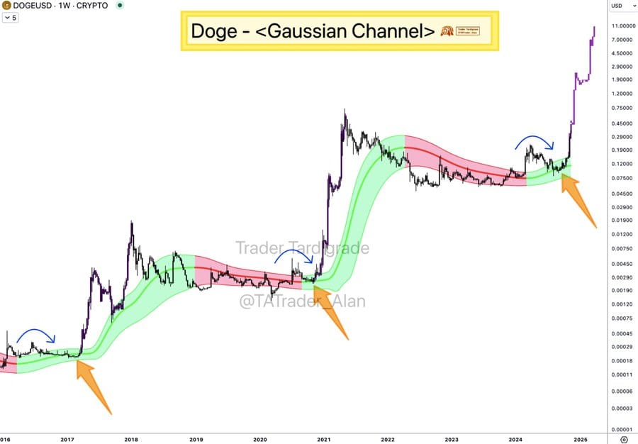 Dlouhodobý graf dogecoinu. Zdroj: Trader Tardigrade/X