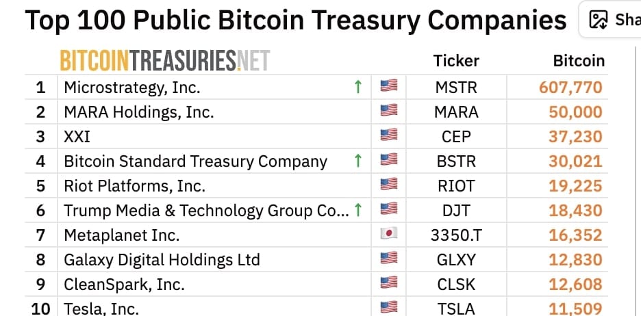 List deseti největších držitelů bitcoinu z veřejně obchodovaných společností.