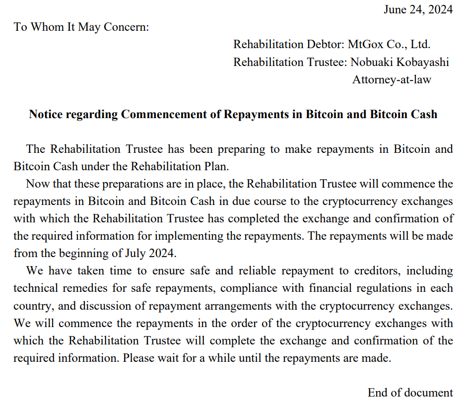 Oznámení o počátku vyplácení věřitelů burzy Mt. Gox (zdroj: Nobuaki Kobayashi / mtgox.com).
