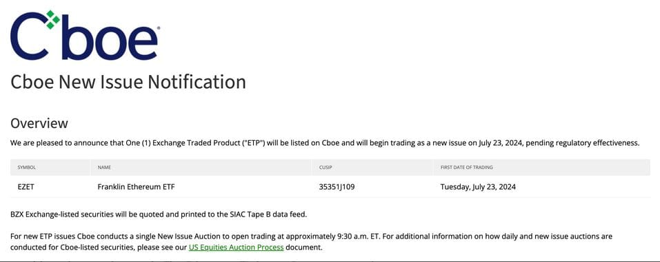 Oznámení CBOE o nové emisi ETF na Ethereum společnosti Franklin Templeton. Zdroj: CBOE