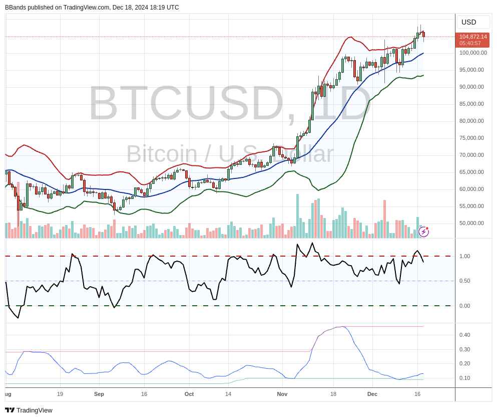 Denní graf BTC/USD s Bollingerovými pásmy. Zdroj: John Bollinger/TradingView