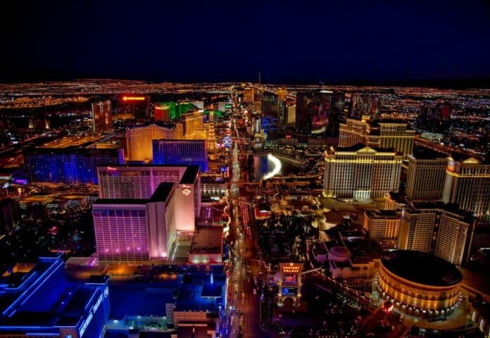 vecer, souhrn, město, architektura, budovy, las vegas