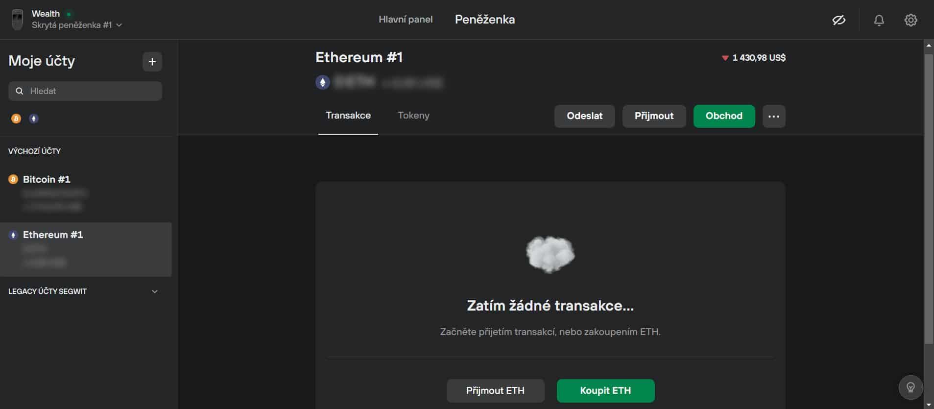 Ethereový účet v peněžence Trezor