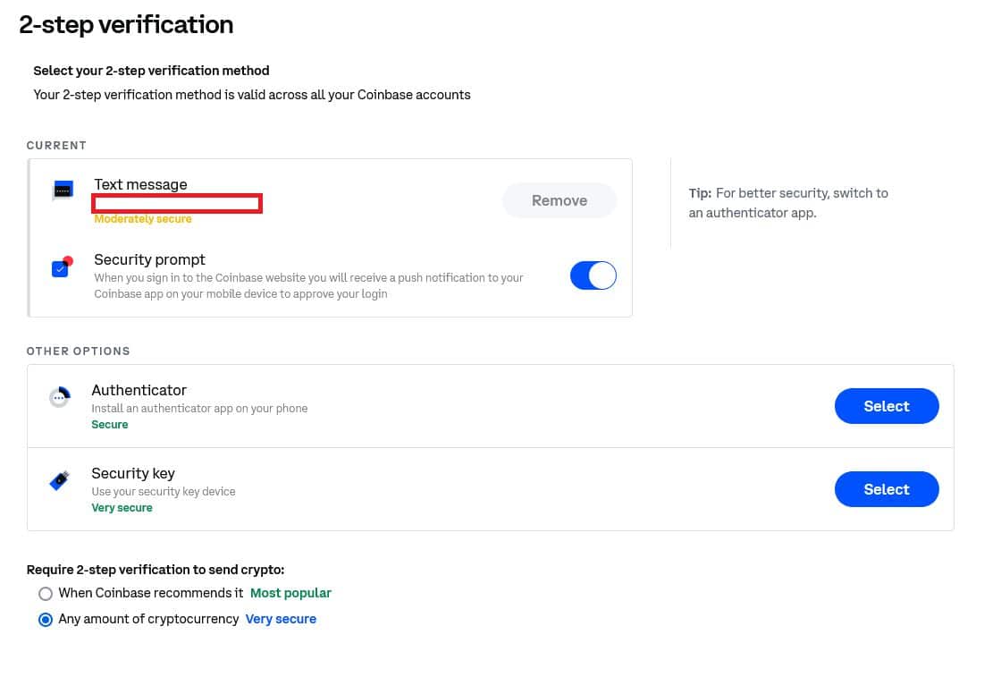 Dvou-faktorové ověření na Coinbase.