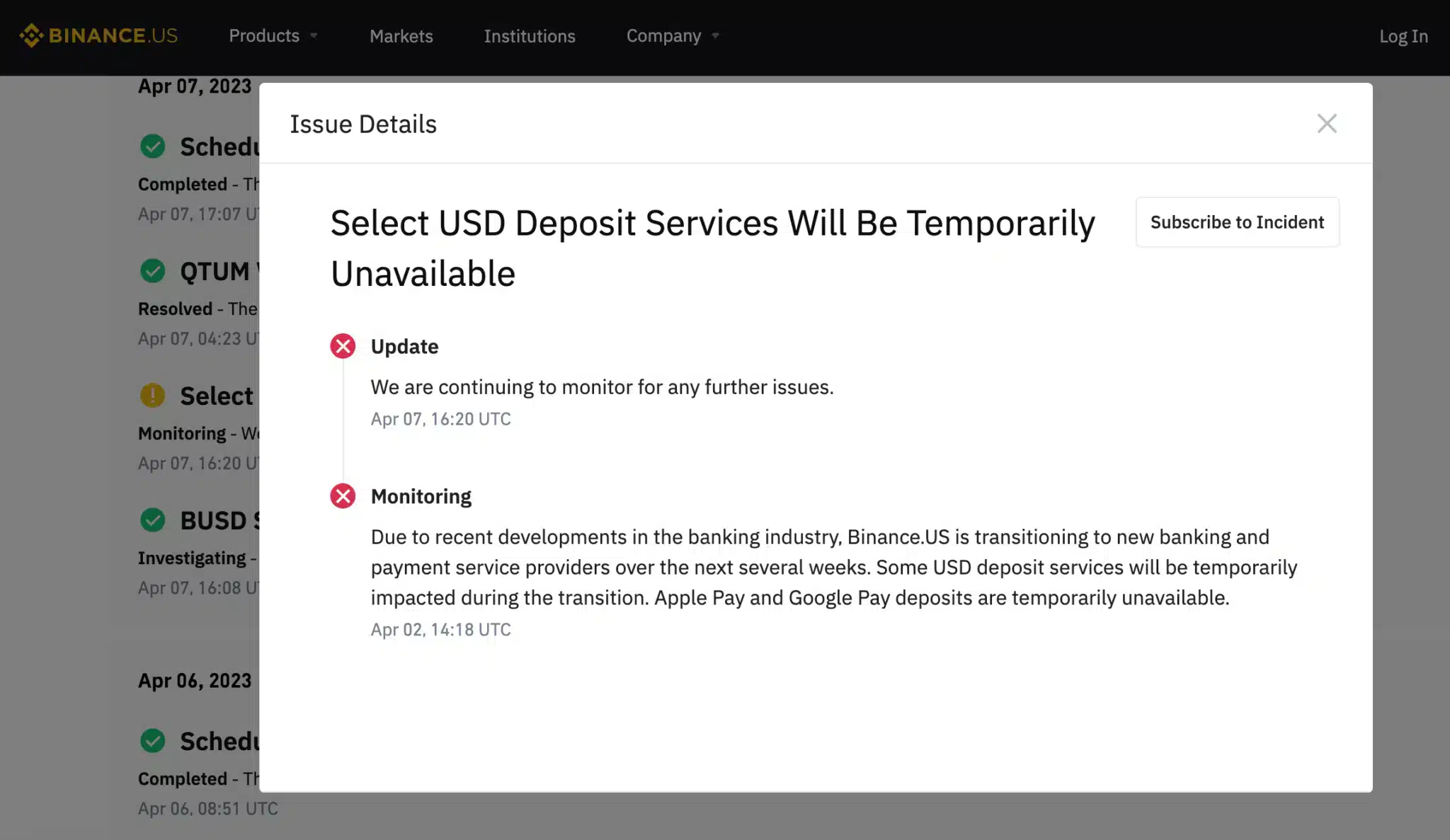 Aktualizace nedostupnosti vkladových služeb jen sděluje, že problém přetrvává (zdroj: Binance.US).