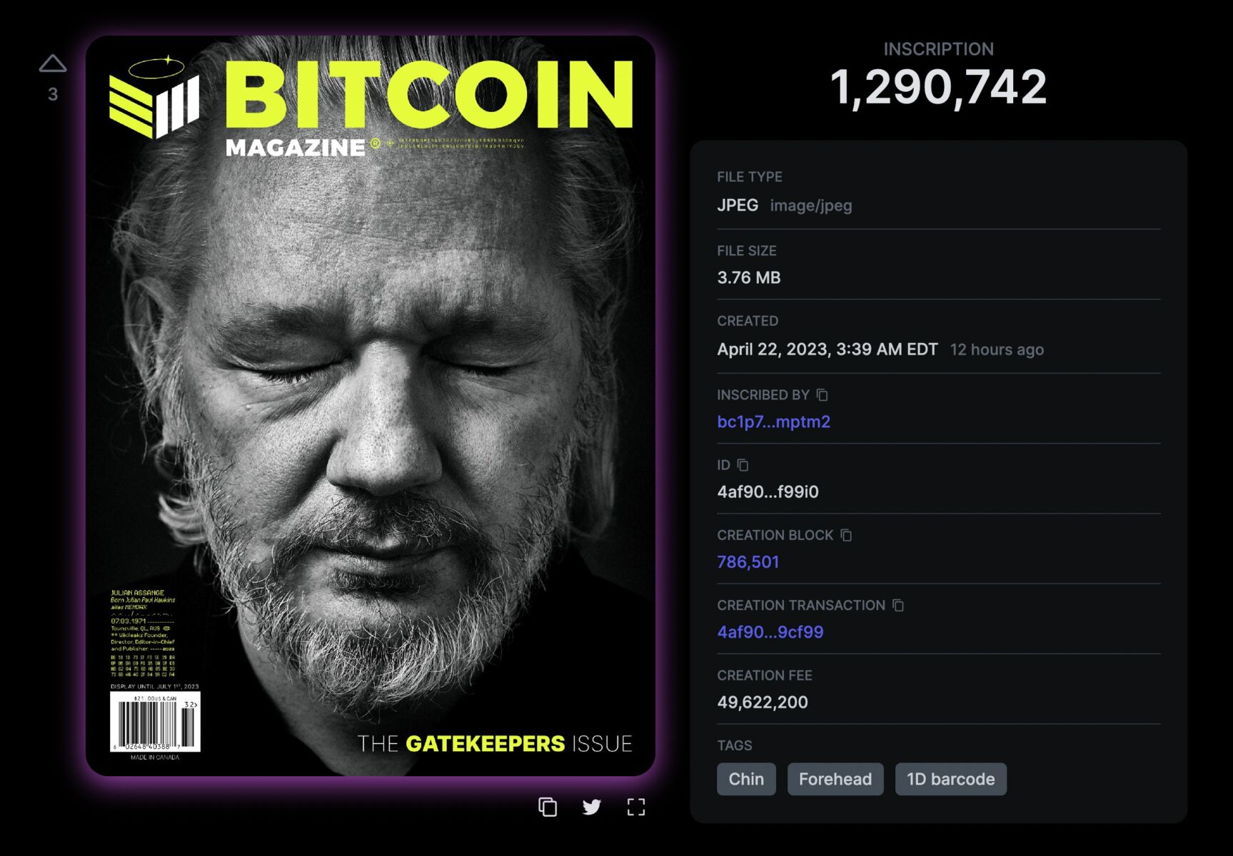 Titulní stránka tištěné čtvrtletní verze Bitcoin Magazine se stala předlohou pro doposud největší Bitcoin Ordinals (zdroj: bitcoinmagazine.com).