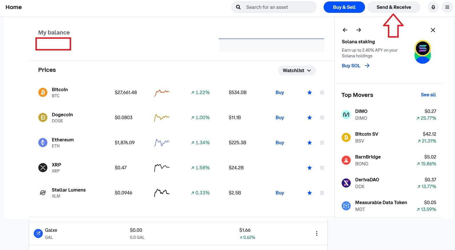 Tlačítko Send & Receive pro odeslání a příjem kryptoměny na platformě Coinbase.