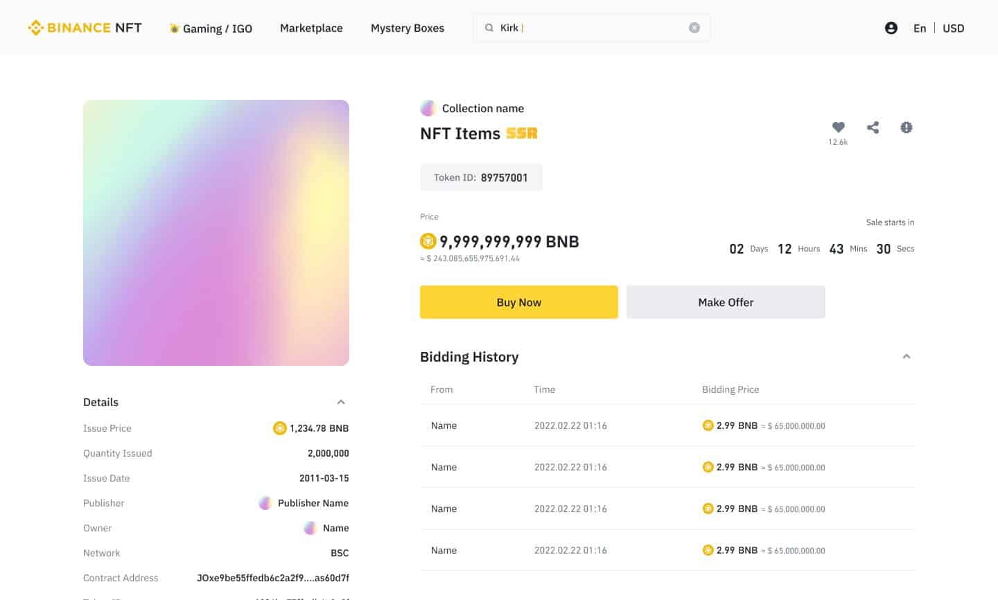 NFT token na tržišti Binance