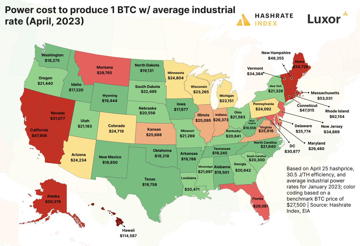 Mapa států USA s vyčístlením ceny nákladů na energie potřebné na těžbu 1 BTC (zdroj: Hashrate Index).