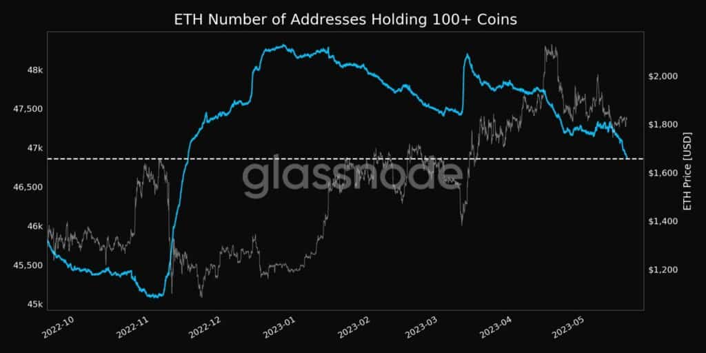 Modrá linka ukazuje počet peněženek držících více než 100 tokenů Etherea, šedivě je pak cena tokenu (zdroj: Glassnode).