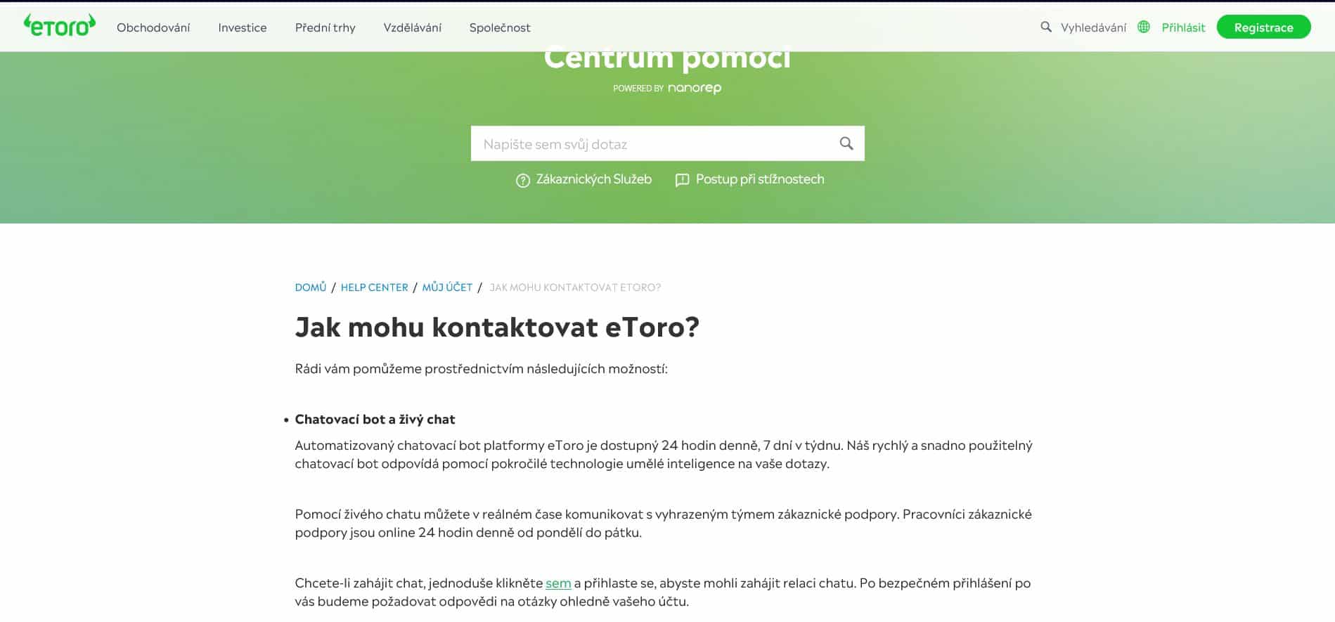 Zákaznická podpora na eToro