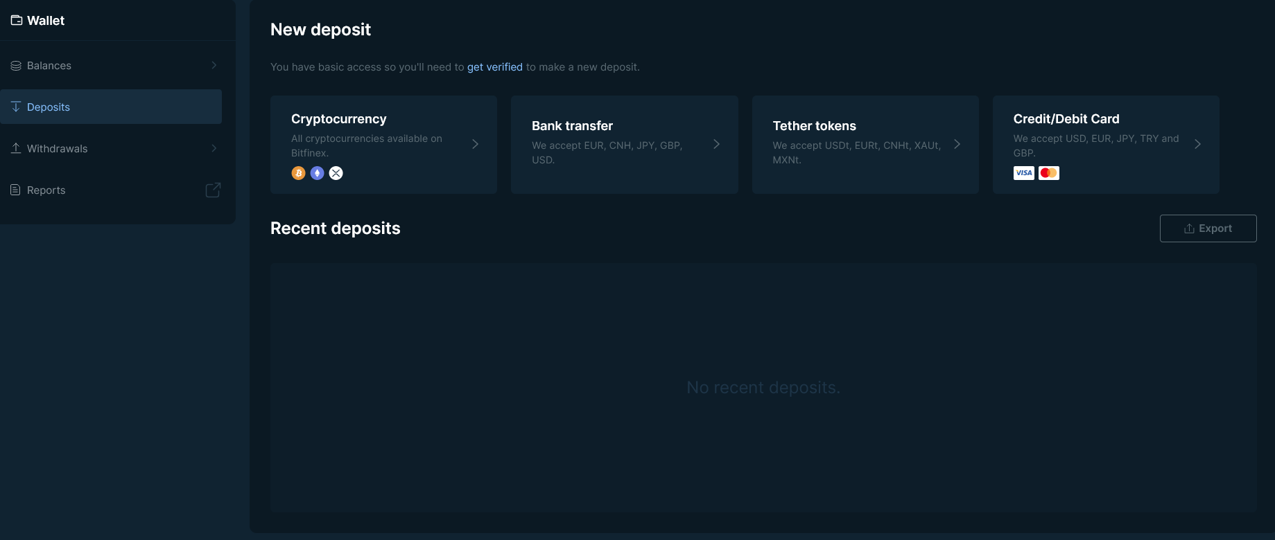 Stránka s vklady kryptoměn nebo fiat měny na Bitfinex
