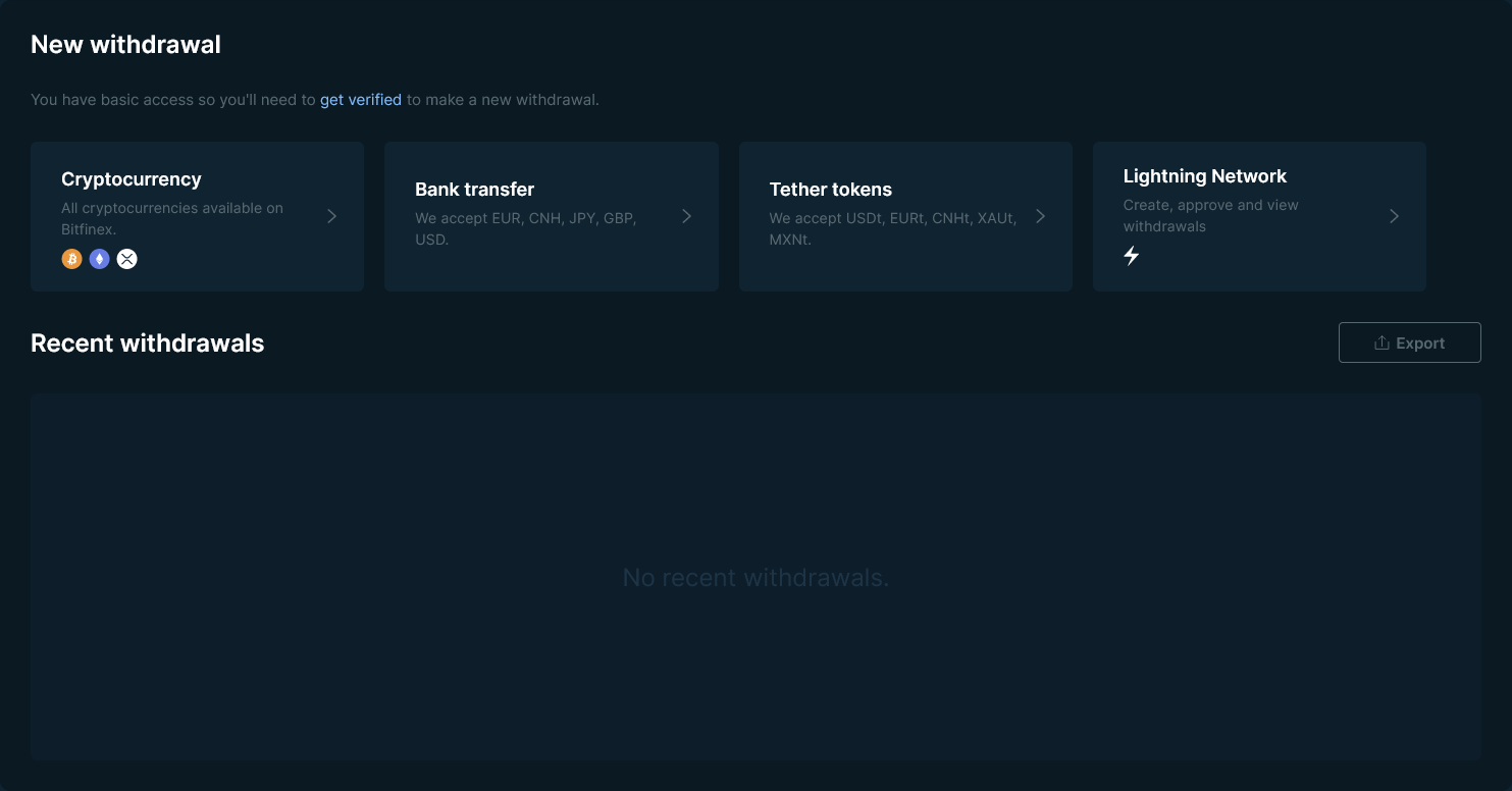 Výběry kryptoměn a fiatu na Bitfinex, zdroj: Bitfinex