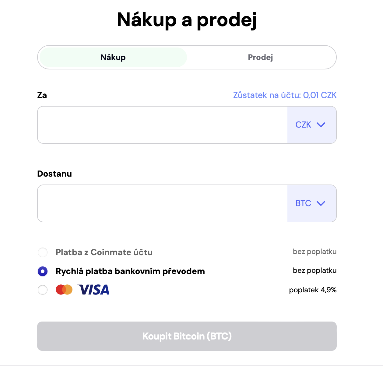 Rychlý nákup zahrnuje 3 možnosti nákupu/prodeje kryptoměn. Zdroj: Coinmate