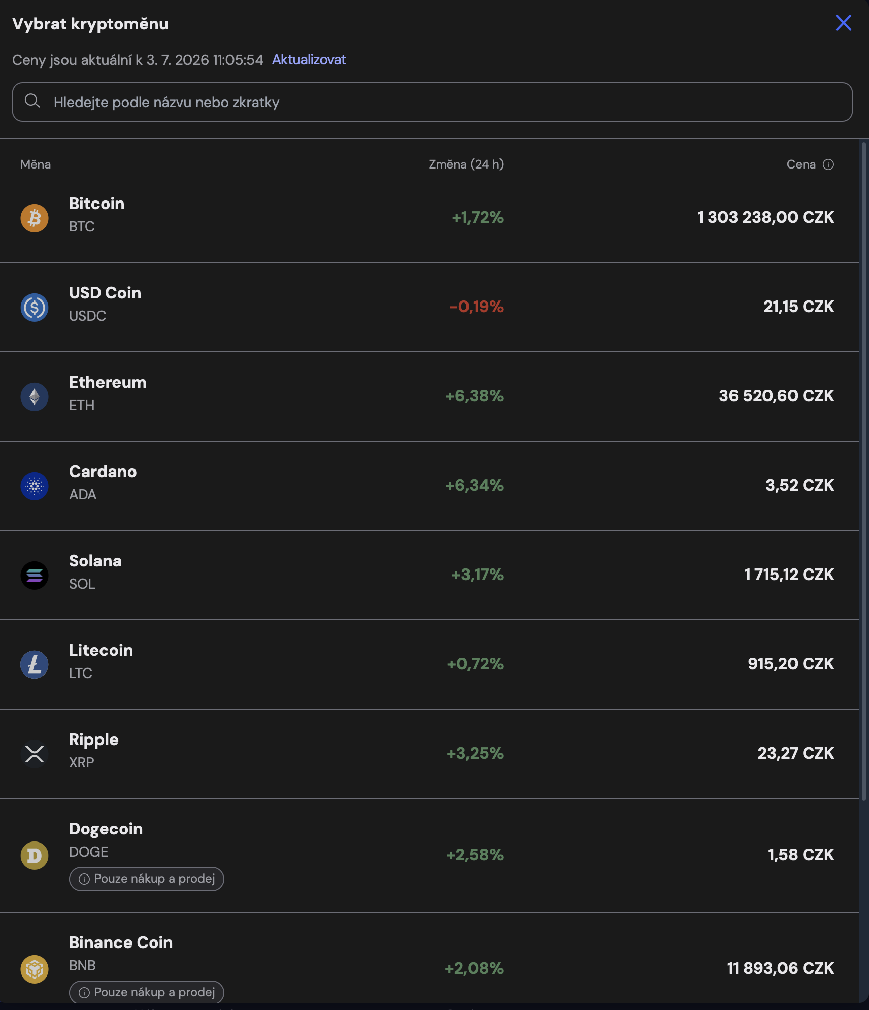 Dostupné kryptoměny pro nákup či prodej na Coinmate. Celkově jich burza nabízí 25. Zdroj: Coinmate