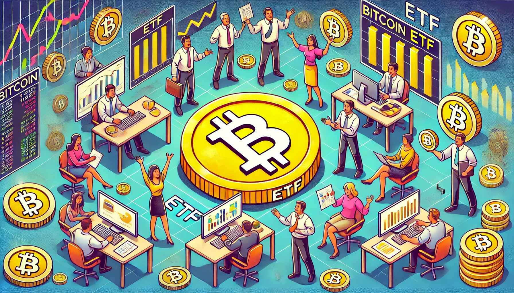 bitcoin, etf, kancelář, mince