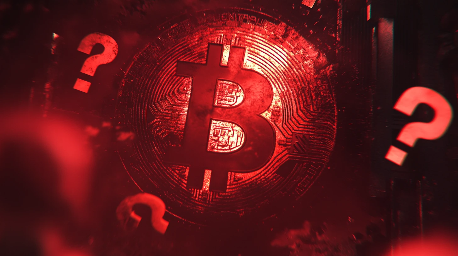 bitcoin btc logo červená otazník cena pokles kurz midjourney