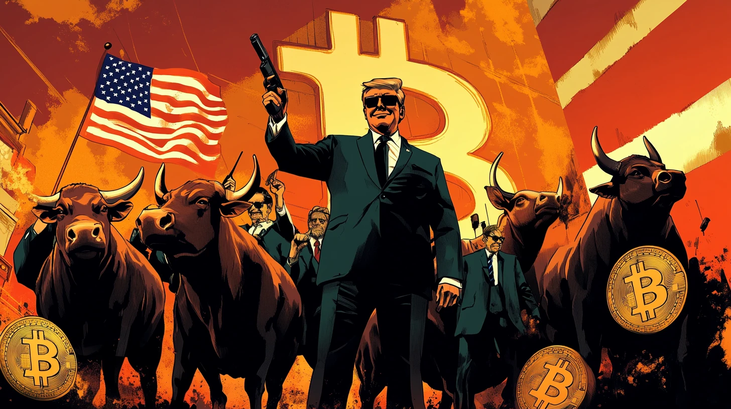 bitcoin btc Donald Trump USA start býci bulls vlajka Midjourney