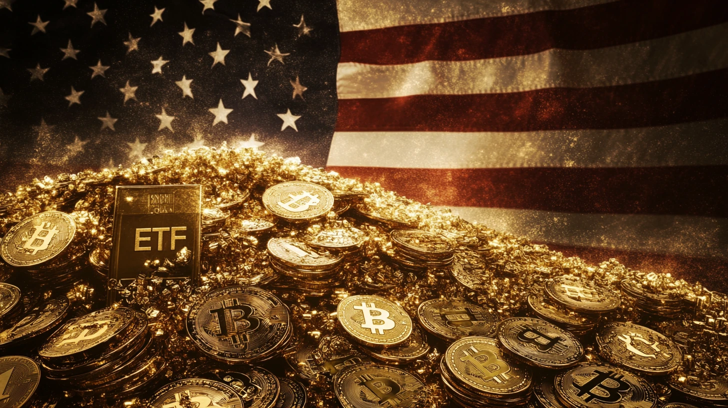 bitcoin btc etf usa vlajka spot peníze USD midjourney