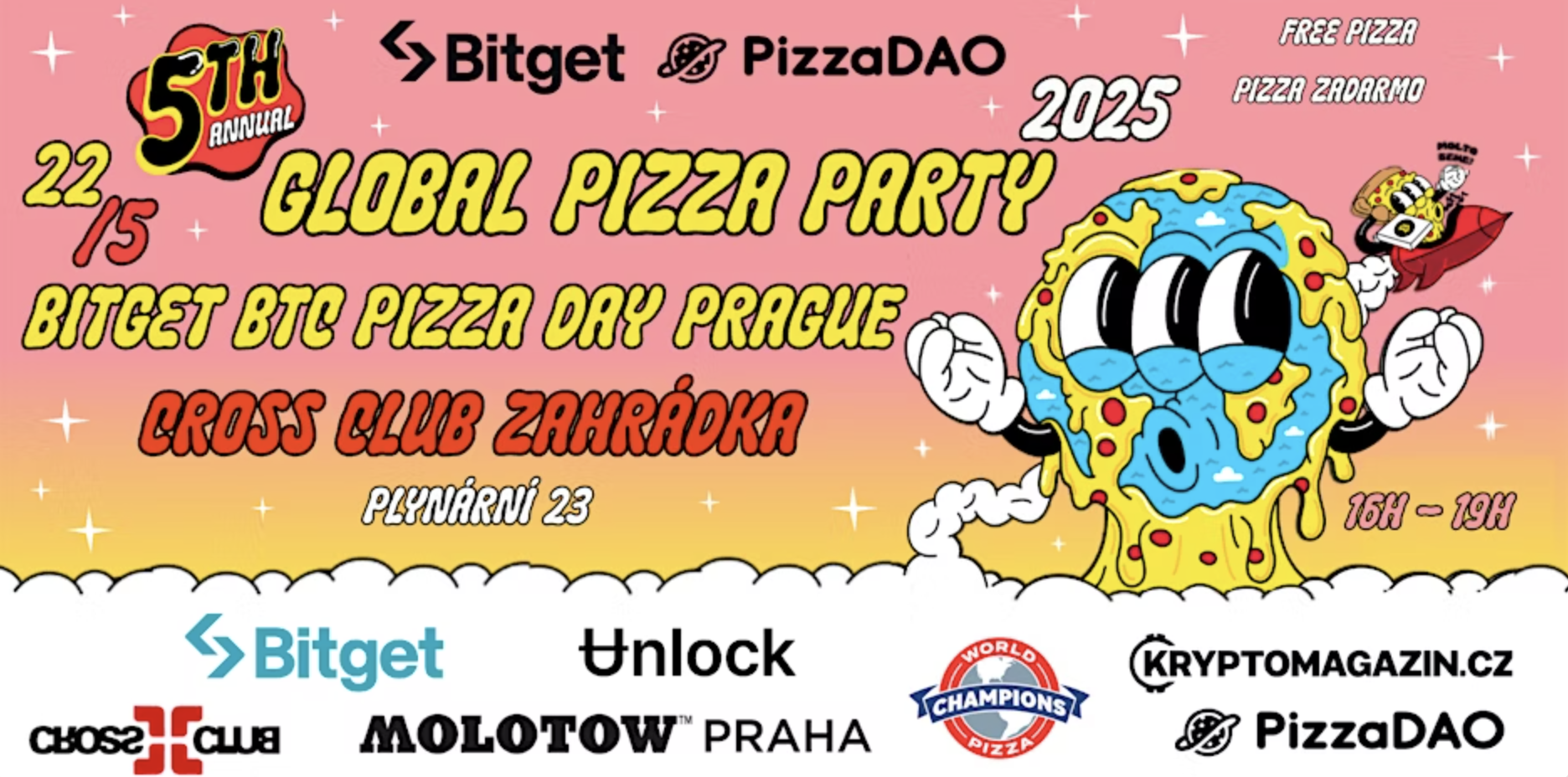 🍕 Bitcoin Pizza Day 2025: Pizza zdarma, Bitget, graffiti i soutěže – slavíme v pražském Cross Clubu!