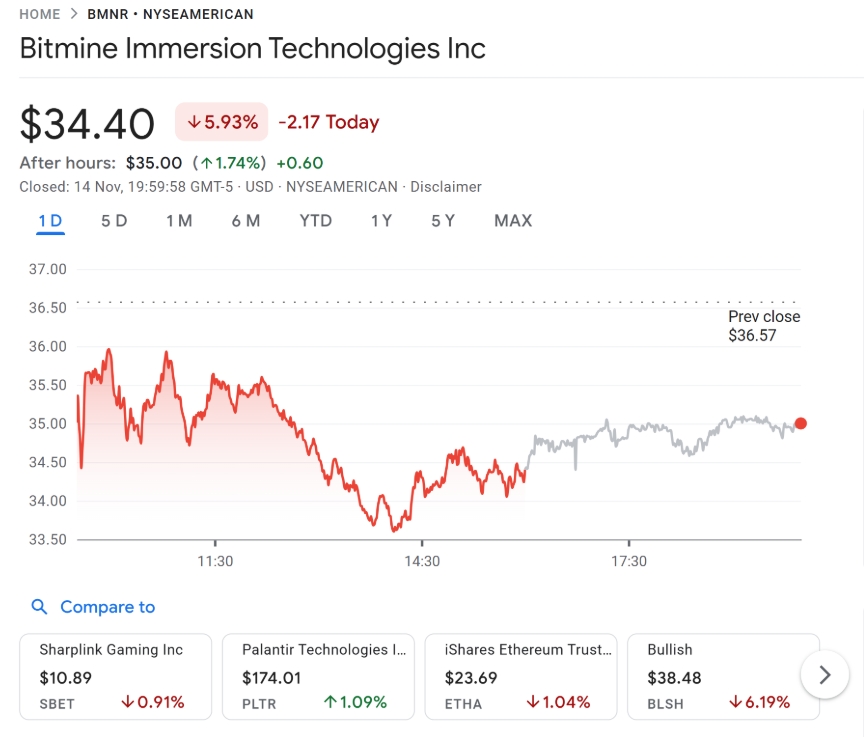Akcie BitMine v pátek klesly o téměř 6 %.