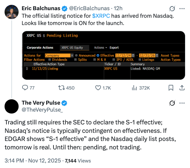 Příspěvek Erica Balchunase týkající se spuštění ETF na XRP