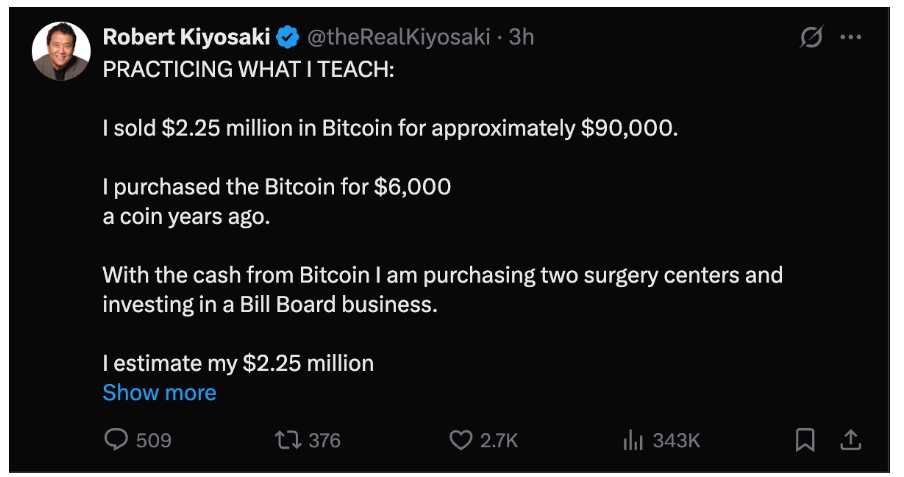 Příspěvek Roberta Kiyosakiho o prodeji Bitcoinu.