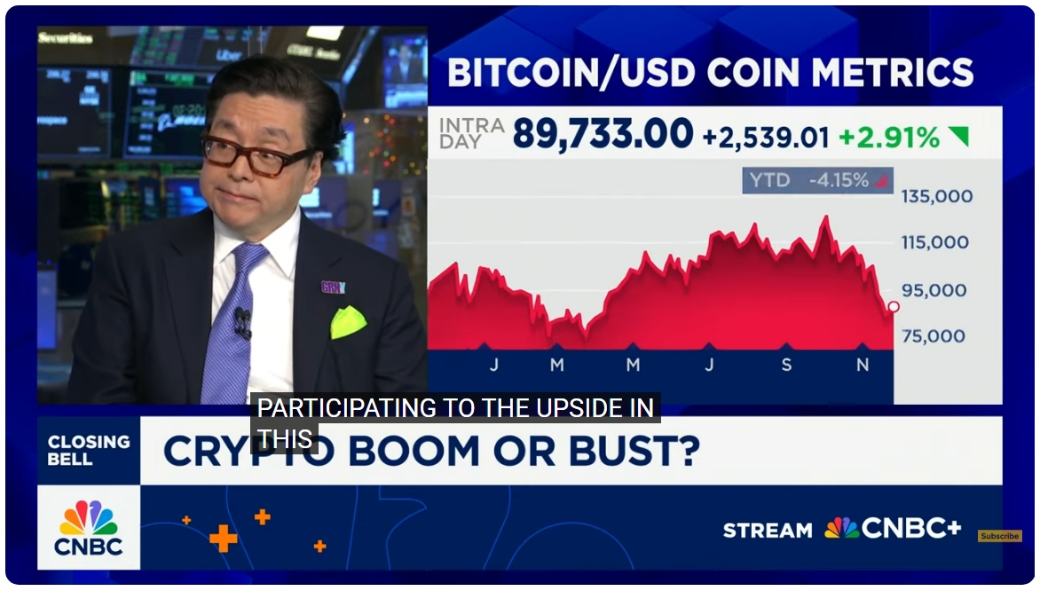 Tom Lee při rozhovoru pro CNBC, kde uvedl cílovou cenu pro Bitcoin do konce roku ve výši 100 000 USD.