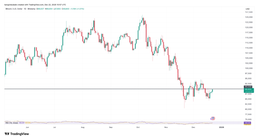 Denní graf na úrovni BTC/USD s cenou 89 800 USD.