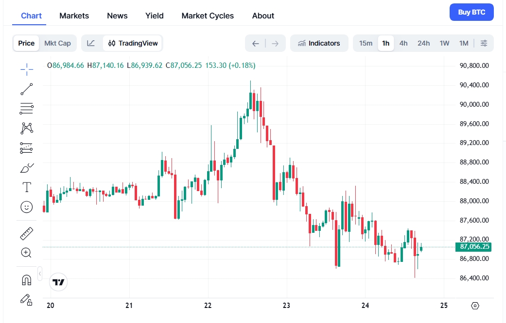 Hodinový cenový graf BTC/USD s aktuální cenou 87 056 USD.