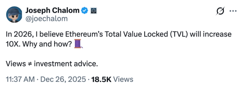 Joseph Chalom se domnívá, že se v roce 2026 celková uzamčená hodnota (TVL) Etherea zvýší desetkrát.
