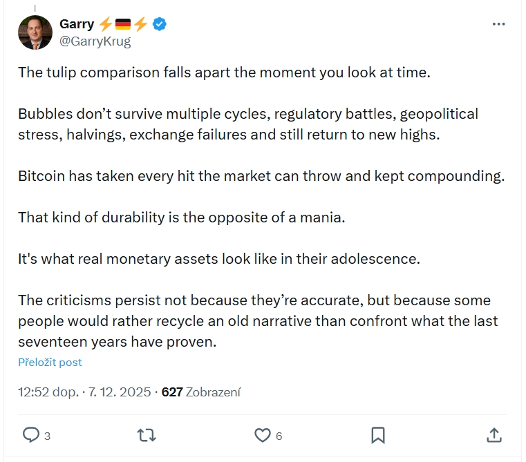 Příspěvek Garryho Kruga, kde rozporuje srovnání Bitcoinu s tulipánovou mánií.