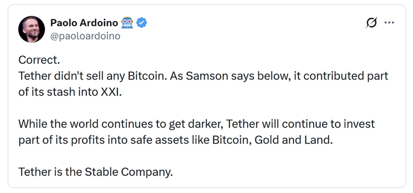 Příspěvek CEO Tetheru Paola Ardoina o investicích do Bitcoinu, zlata a půdy. 