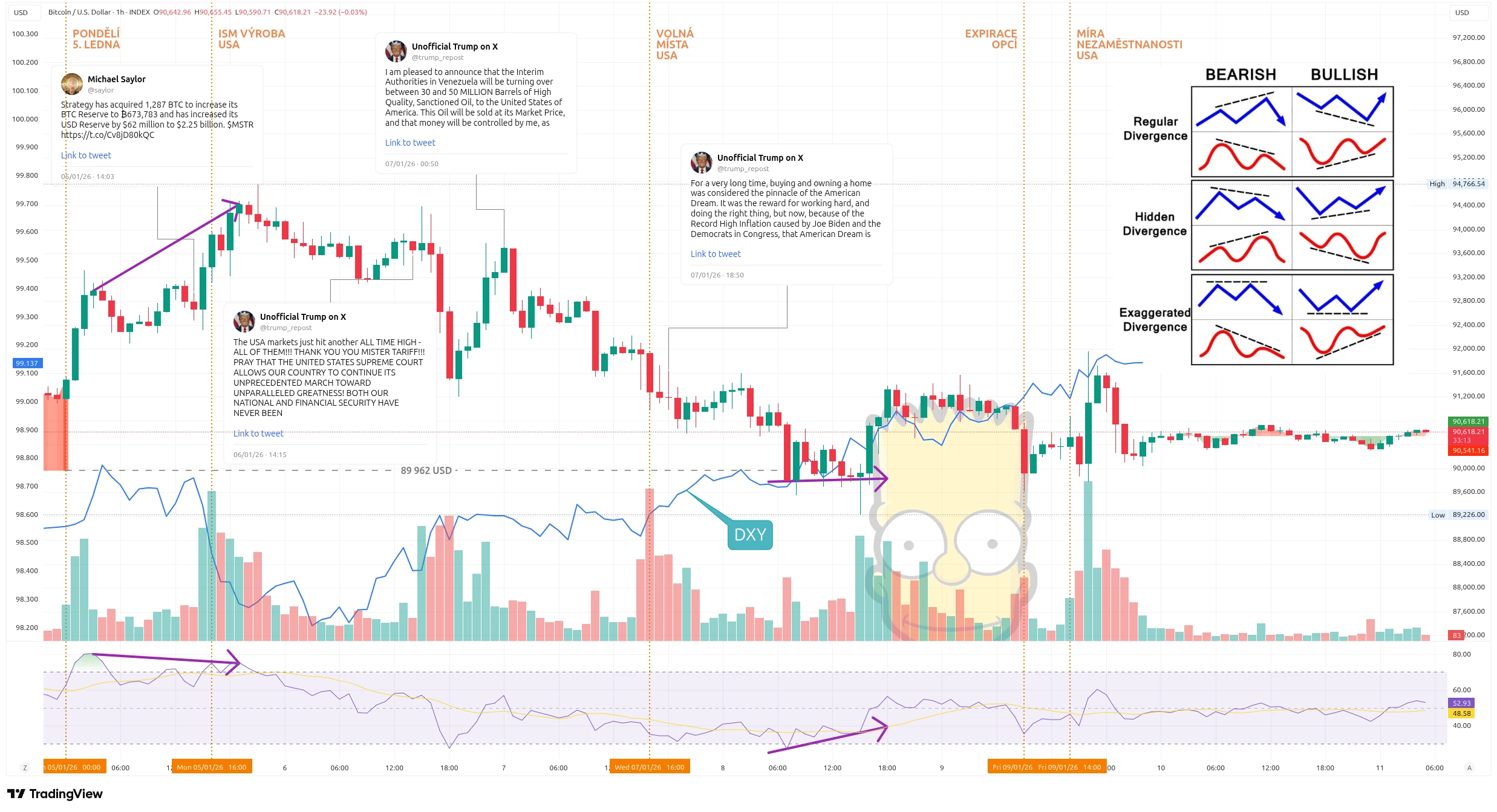 Hodinový graf kurzu ceny Bitcoinu s vyznačenými důležitými událostmi tohoto týdne (zdroj: TradingView).