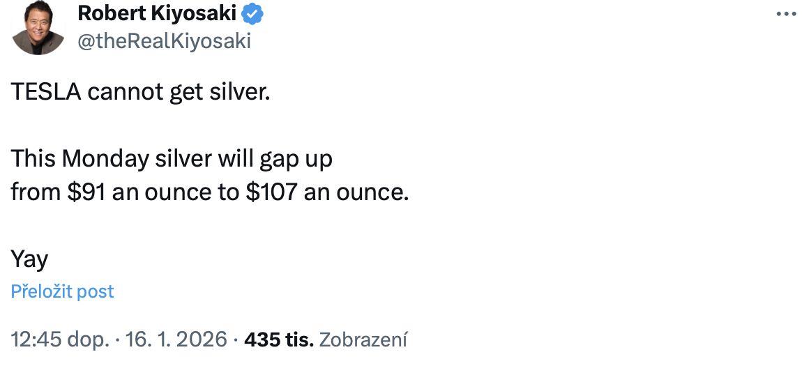 Predikce Roberta Kiyosakiho týkající se posílení ceny stříbra na úroveň 107 dolarů, doplněná o komentář týkající se Tesly. Zdroj: X