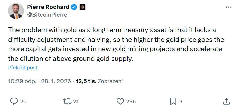 Pierre Rochard ve svém příspěvku upozorňuje na to, že zlatu chybí úprava obtížnosti a halving. Takže čím vyšší je cena zlata, tím více kapitálu se investuje do nových projektů těžby zlata a urychluje se ředění nadzemní nabídky zlata. 